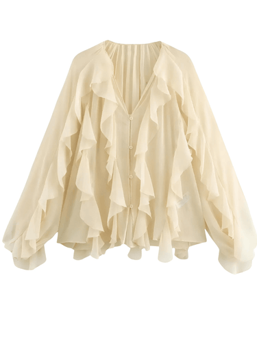 Women's V-Neck Ruffle Blouse Fashion Single Breasted Tiered Translucent Causal Tops Beach Style Solid Shirts, Drestiny, Casual Shirts, Dress Shirts, Long Sleeves, United States, USA, Canada, Australia, New Zealand, United Kingdom, UK, XS, S, M, L, 2, 4, 6, 8, 10, Beige, Wine Red, Red, Black, White, Dusty Blue, Pink, Yellow, Green, Brown,  v-neck ruffle top, women's v-neck blouses, frill neck top, ladies v neck shirt, elegant ruffle blouse, shopdrestiny.com